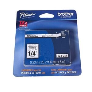 Brother P-touch TZe-211 Label Tape Black on White 1/4 Inch 6mm Laminated New